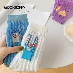 Japanese Harajuku Ab Socks Spring and Summer New Thin Cute Cartoon Character Embroidery Silk Sock Asymmetric Transparent Socks