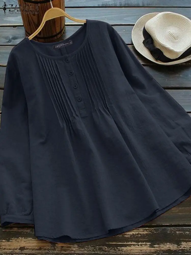 

Модная Новая блузка ZANZEA для женщин, однотонные Плиссированные Топы с длинным рукавом, Офисная Женская рубашка, свободные винтажные хлопковые рубашки оверсайз для женщин