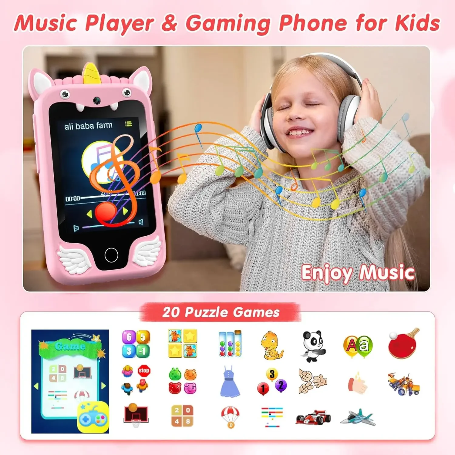 어린이 스마트폰 카메라 장난감 터치스크린 유니콘  모바일 MP3 플레이어 디지털 카메라 교육용 장난감 (3-8세 남아 여아용)