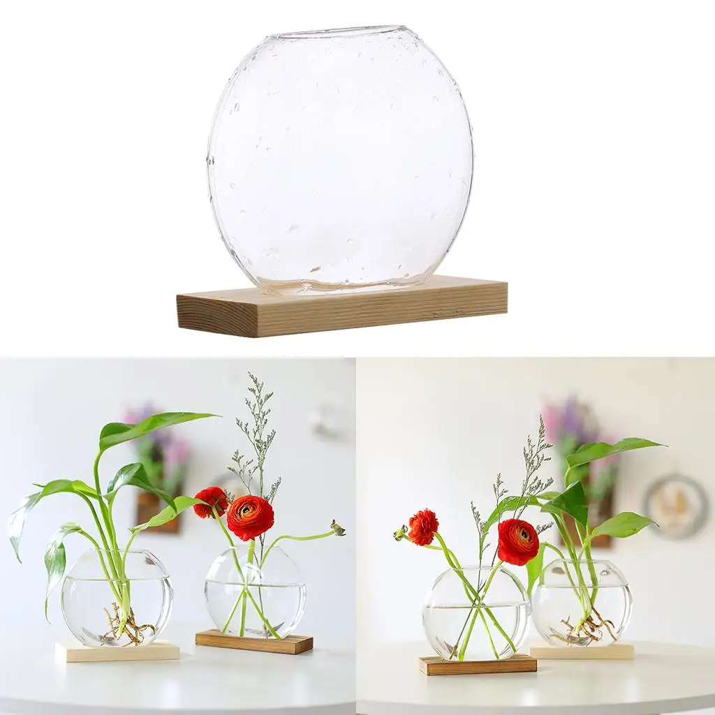 Mini Clear Hydroponic Plants Vase Decorative Planter with Wooden Stand