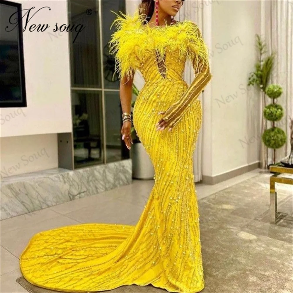 

Yellow Prom Dresses One Shoulder Feathers Neck Wedding Party Dress Dubai Coutures Mermaid Beaded Evening Gowns Vestidos Coctel