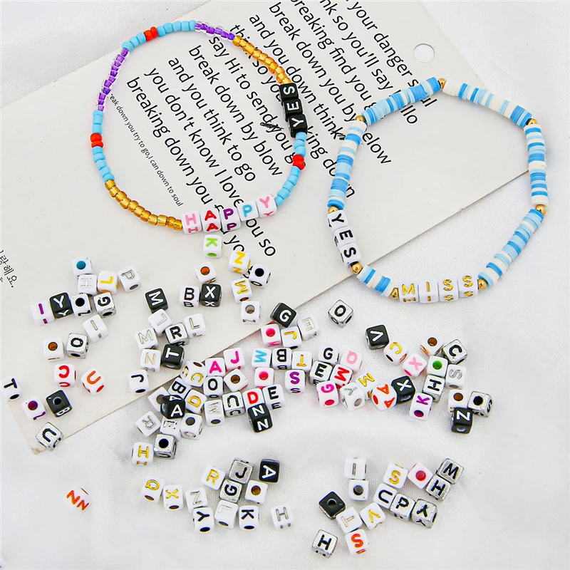 6x6mm, quadratische Buchstabenperlen für die Schmuckherstellung von Kindern, zufällig gemischt, lose Acrylperlen, DIY-Handwerk, Farbe Schwarz und Gold – Detail 8