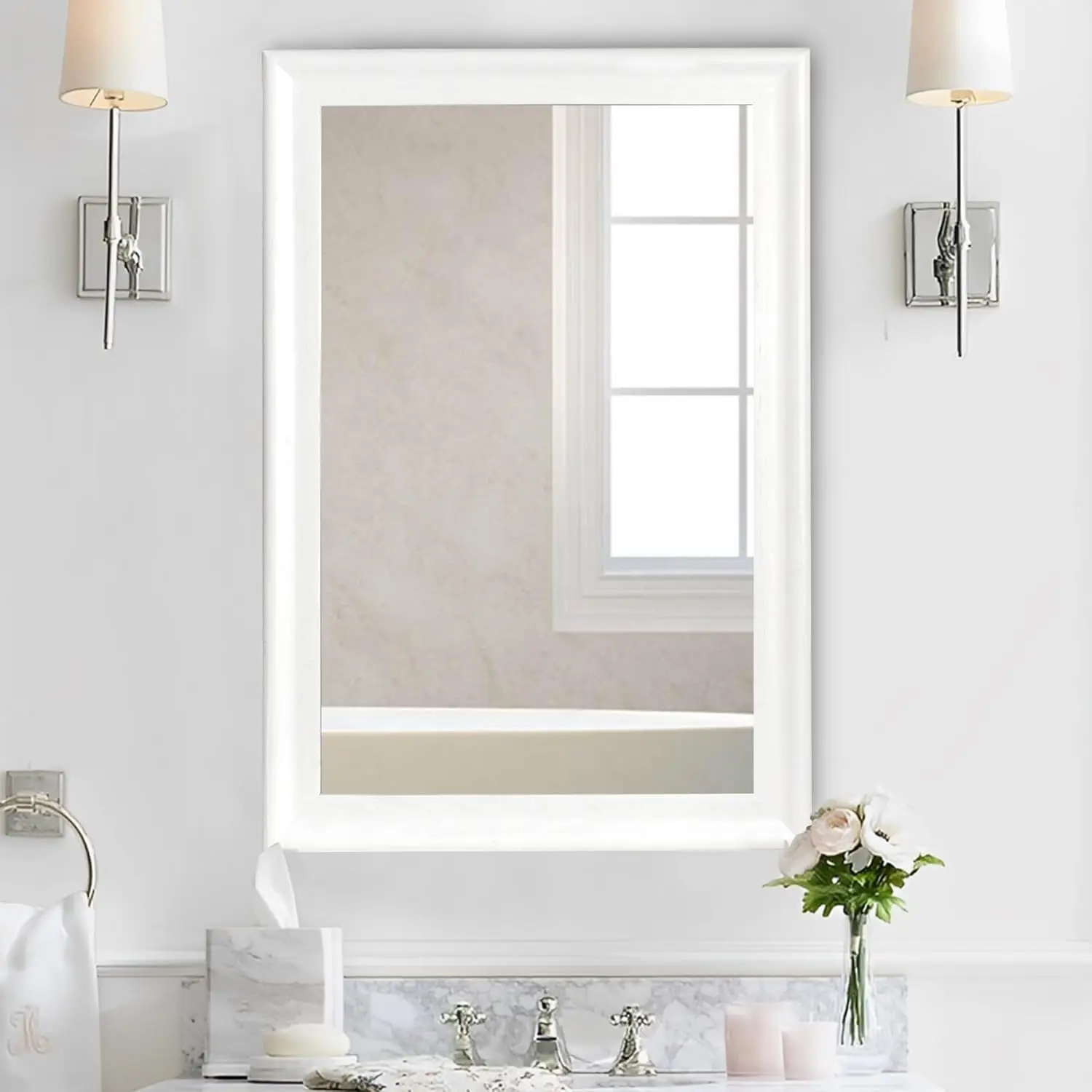 White Bathroom Mirror 20x30 Inch, Wood Wall Mirror with Tempered Glass for Bathroom Living Room Bedroom or Hallway