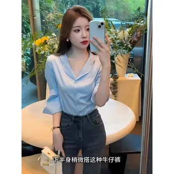 Donna Primavera Autunno Semplicità Office Lady Tinta unita Slim Scollo a V Camicie a maniche lunghe Moda donna All-match Temperamento Top 1