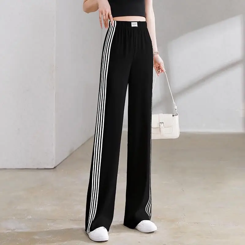 Korean Woman Fashion Solid Sweatpants Spring Autumn Side Stripe