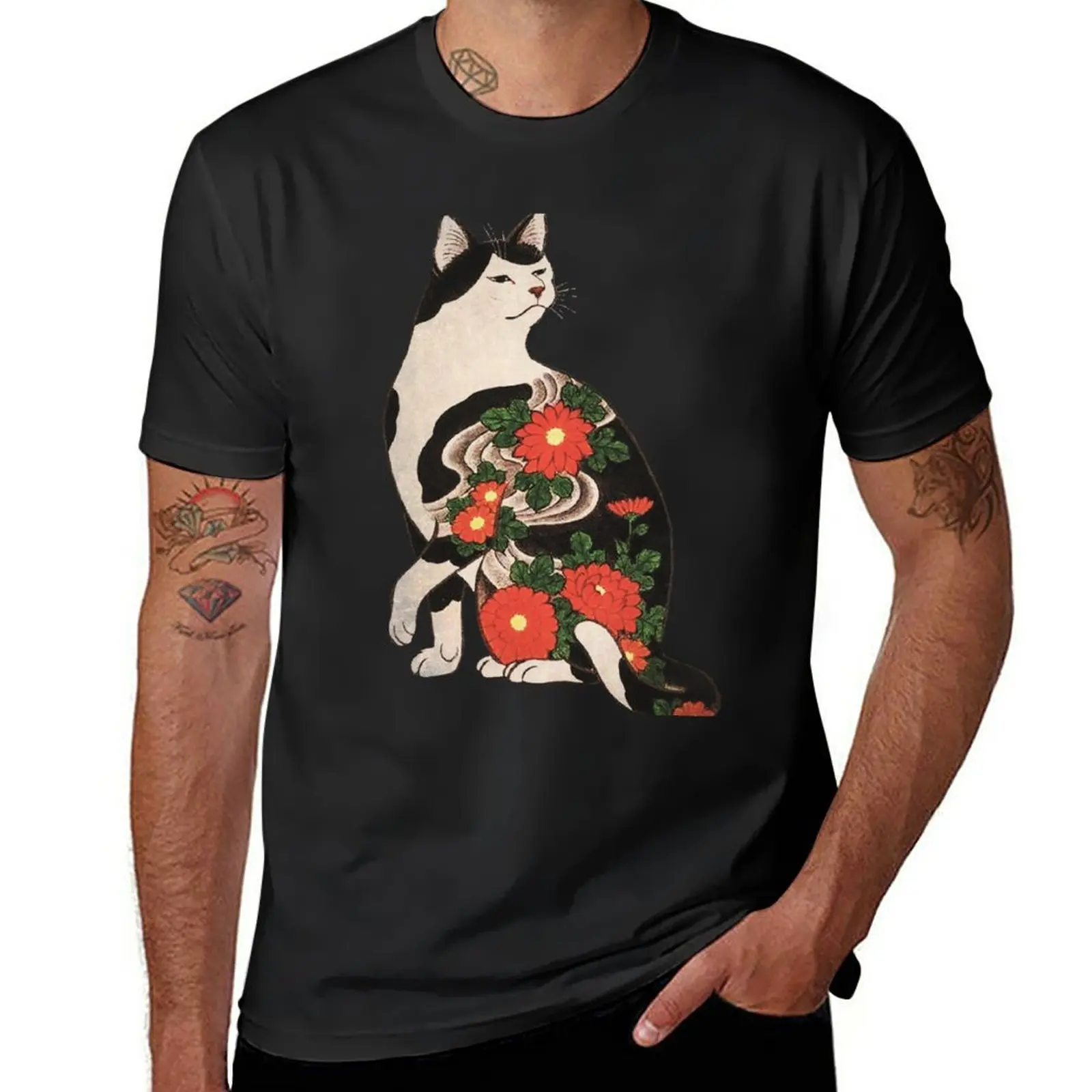 

New Antique Japanese Woodblock Print Cat with Flower Tattoos T-Shirt black t shirts korean fashion boys t shirts Men's t shirts
