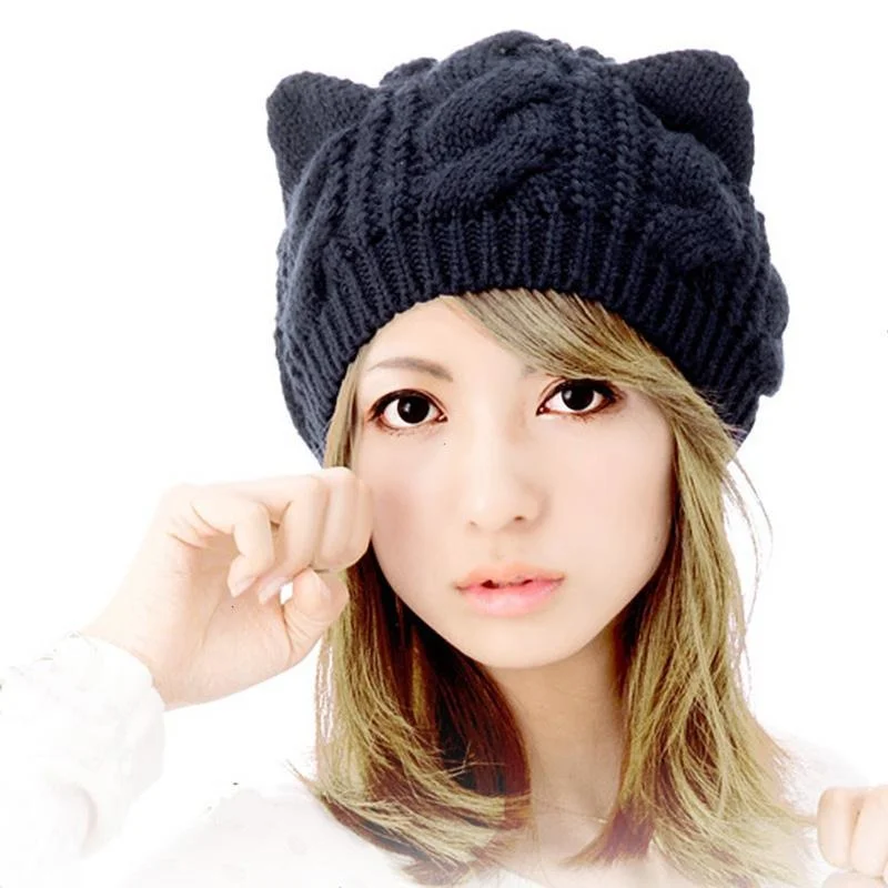 

Vogue Women's Knitted Caps With Cat Ears Sharp Knitting Hats Warm Women Beanies Crochet Hats Hip Hop Cap Ski Hat