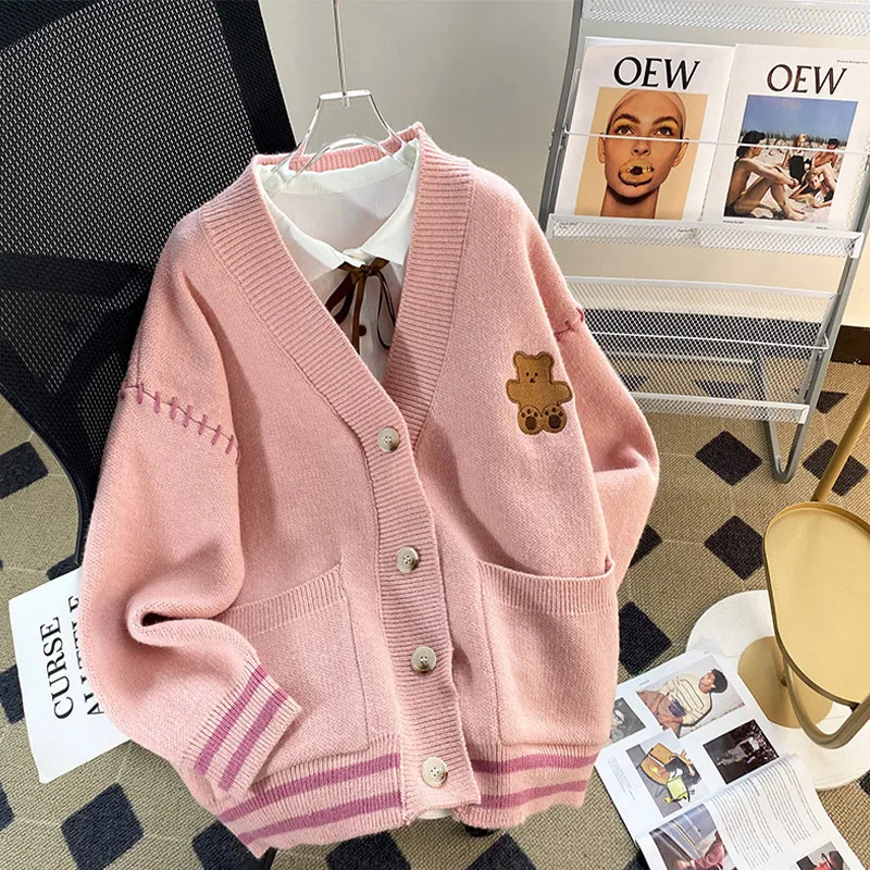 

Bear Print Cardigan Women Fashion V-neck Single Breasted Sweet Female Sweaters 2023 Autumn Casual All-match Youth Girl Knit Top