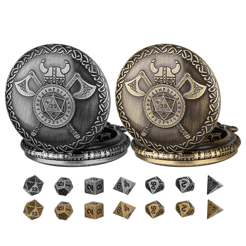 7Pcs Winzige Metall Polyedrische Würfel Set Tisch Rolle Spielen Gaming Zubehör Retro Helm Doppel Achsen D20 Taschenuhr Fall fob Kette – Detail 2
