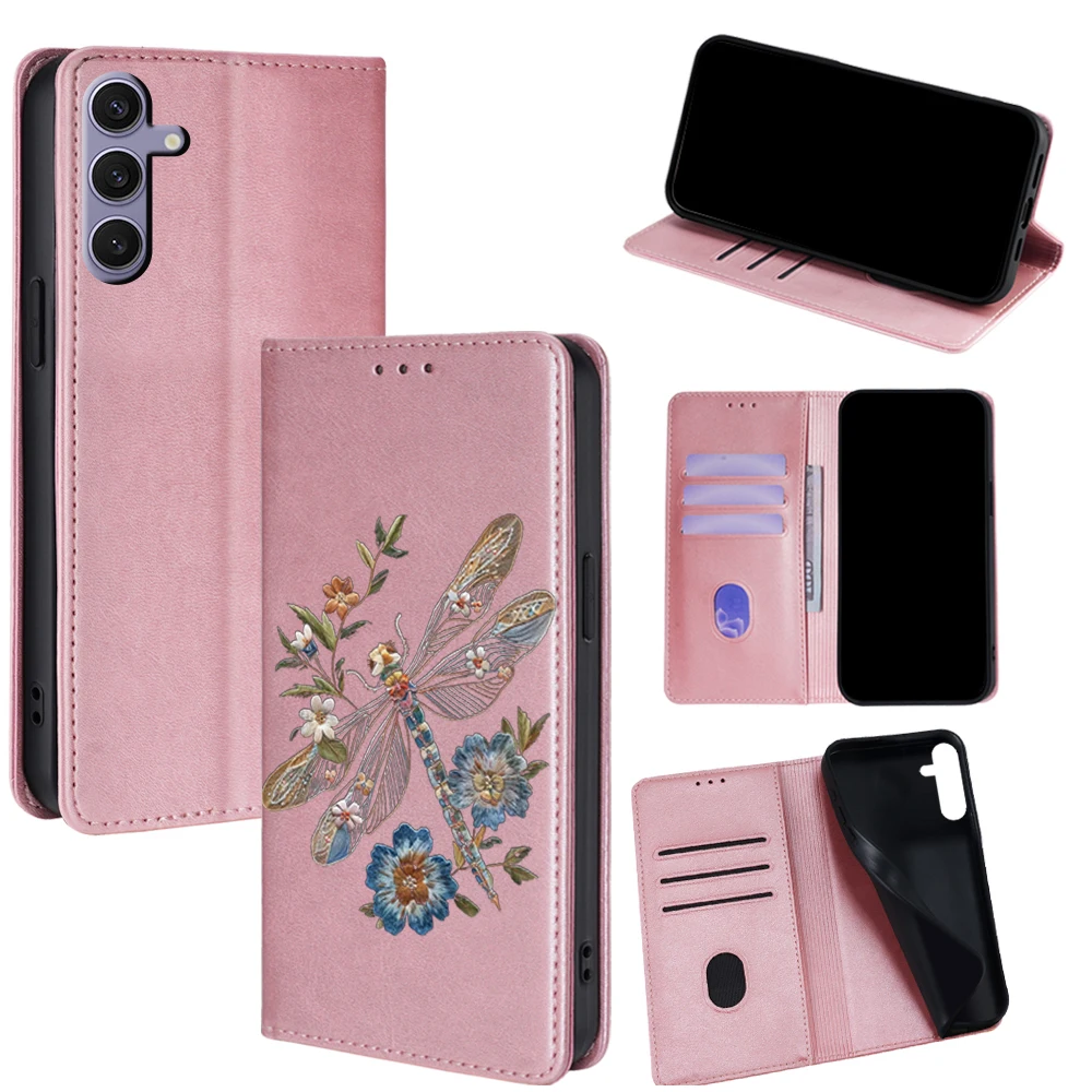 Dragonfly Flower Pattern Leather Flip Cover