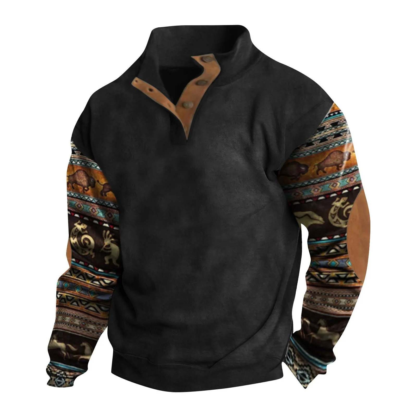 

Свитшот мужской в стиле ретро, винтажный пуловер в стиле пэчворк, повседневный Свободный свитшот с длинным рукавом, модная кофта на пуговицах, с воротником-стойкой