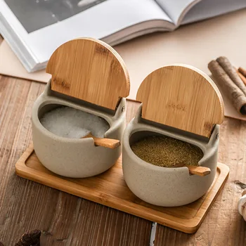 Ceramic Seasoning Jars with Wooden Lid Salt Shakers Kitchen Supplies White Spice Organizer Canister Spoon Set White Sugar Box 1