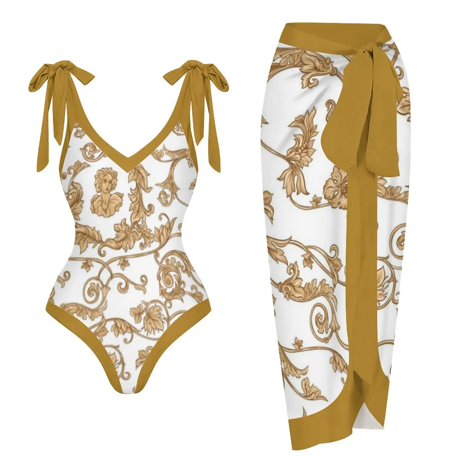 

2023 2PC Push Up Women Bikini Set Skirt Floral Yellow Printed Bikinis Strappy Bandage Swimwear Brazilian Biquini Bathing Suit