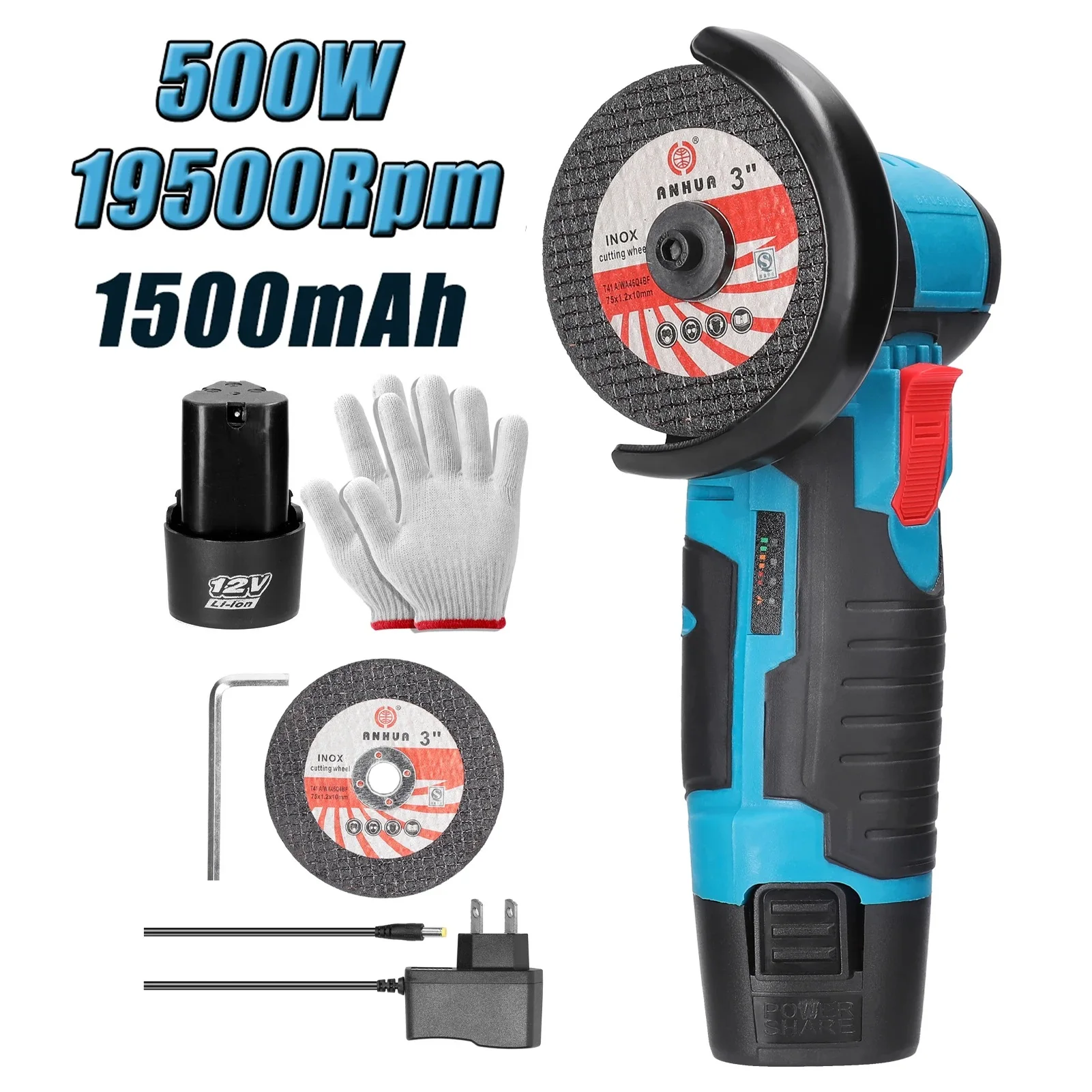 12V 19500RPM Mini Angle Grinder with Rechargeable Lithium Battery Cordless  Polishing Machine Diamond Cutting with 2 Cutting Disc