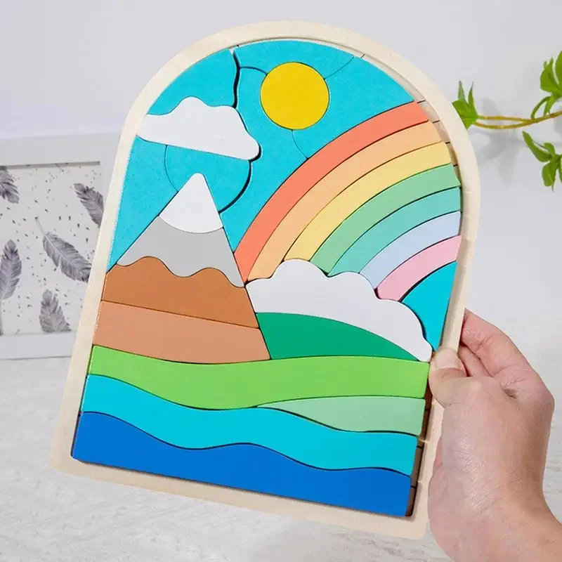 Montessori Wooden Rainbow Blocks Puzzle Rainbow Irregular Shape Color Cognitive Educational Toys for Baby Boys Girls Gift 4
