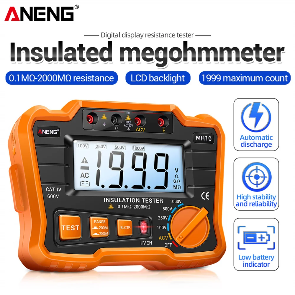 

ANENG MH10 Digital Megohmmeter Megger Meter Insulation Earth Ground Resistance 100-1000V Ohm Voltage Tester