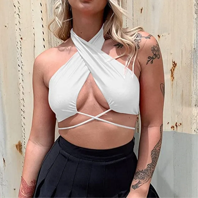 T2K cross-border hot selling summer solid color backless chest strap women's single piece top from Europe and America