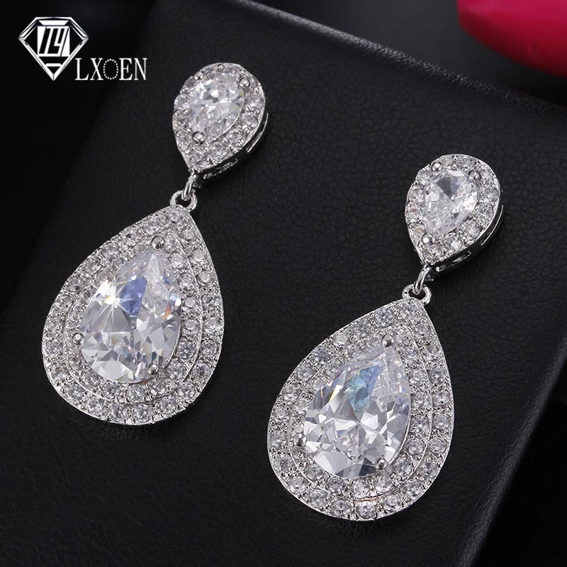 Drop Earrings dangle earrings pendant earrings dome teardrop earrings LXOEN Fashion Luxury Pear Drop With Water Drop Cubic Zircon Silver Color