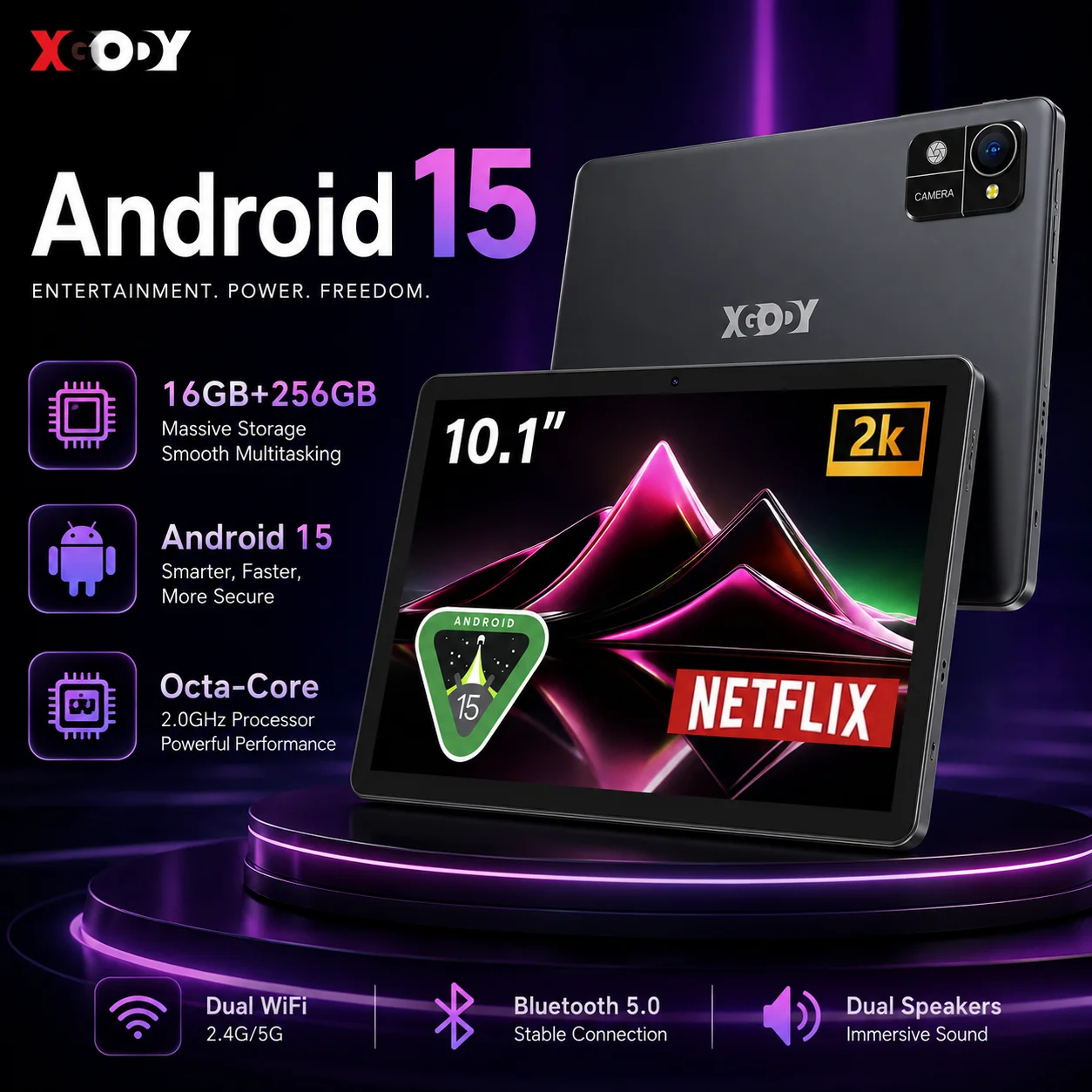 XGODY N02 Pro 10,1-calowy tablet z Androidem 15, 16 GB RAM, 256 GB ROM, Octa Core, Widevine L1, Dual WiFi, 7000 mAh, idealny do nauki i rozrywki.