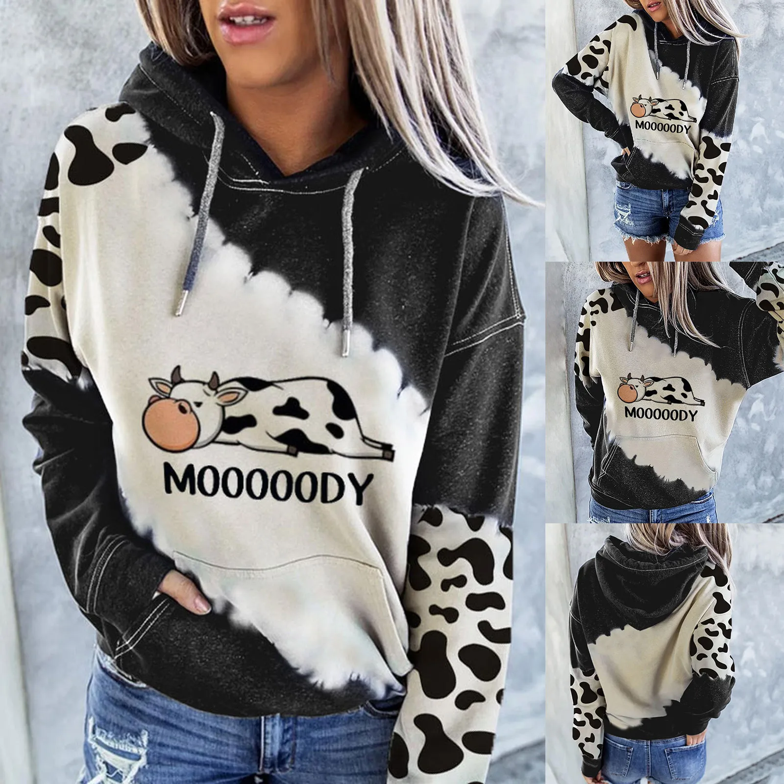 

Cow Print Hoodie Long Sleeve Sweatshirt No Fading and Non-sticky Pattern Top Suitable for Friends Gathering Wear