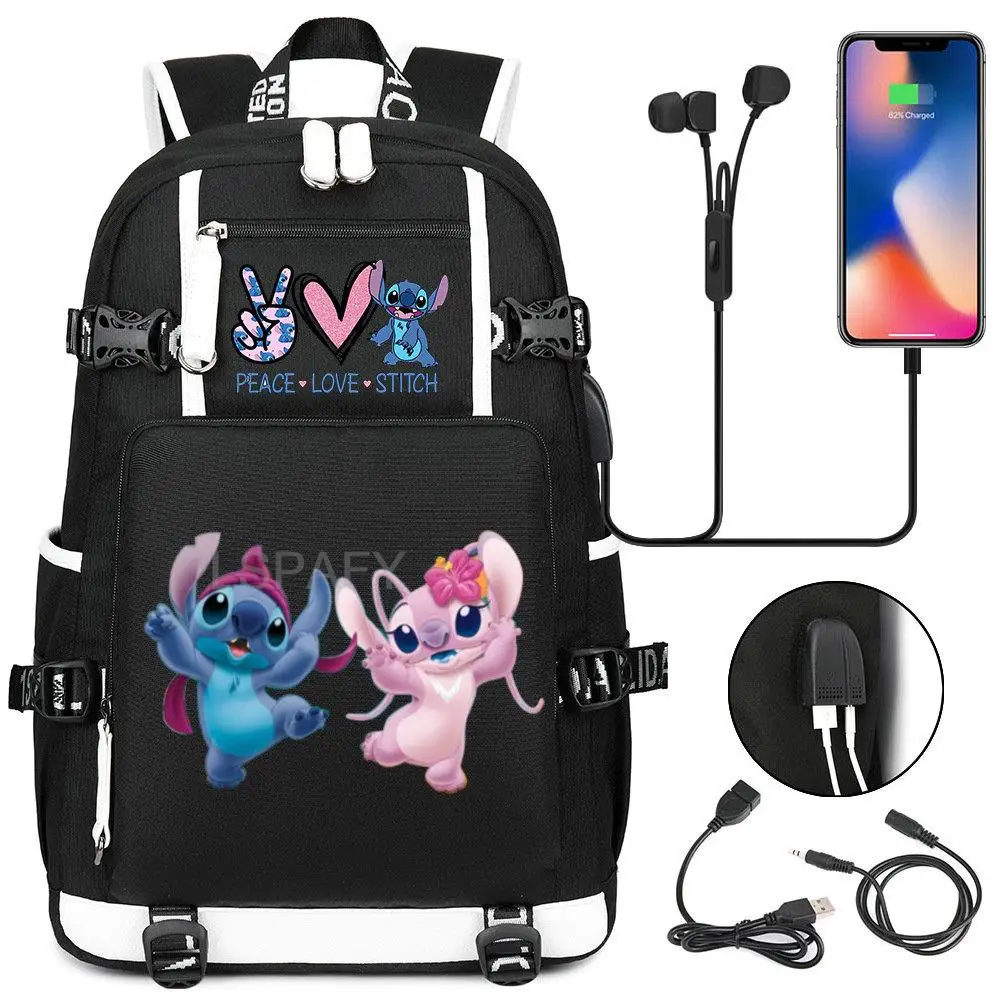 Lilo & Stitch Mochila de carga USB Mochila escolar Primaria Estudiante de  secundaria Niños Niña Impermeable Mochilas de gran capacidad