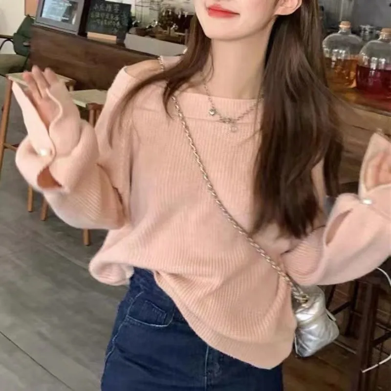 

Gentle Sweet Spicy Sweater Women Korean Round Neck Strap Soft Glutinous Solid Off Shoulder Asymmetric Fashion Warm Winter Top