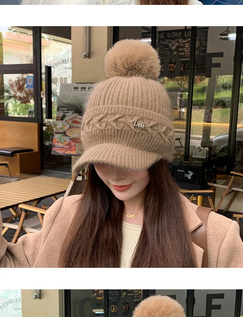 Chapeau tricoté chaud à la mode pour femmes, avec oreillettes, langue de canard, bonnet d'extérieur épais et rembourré en coton, hiver 2023_voghion.com