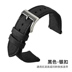 Universal Quick Release Nylon Watch Strap - Breathable Waterproof Canvas Sport Band - 22mm (Black Silver Clasp)