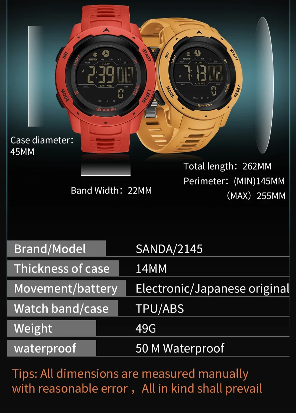 SANDA 2145 Luxury Watch for Men Sports Pedometer Calories Waterproof LED Digital Military Mens Wristwatches Relogio Masculino