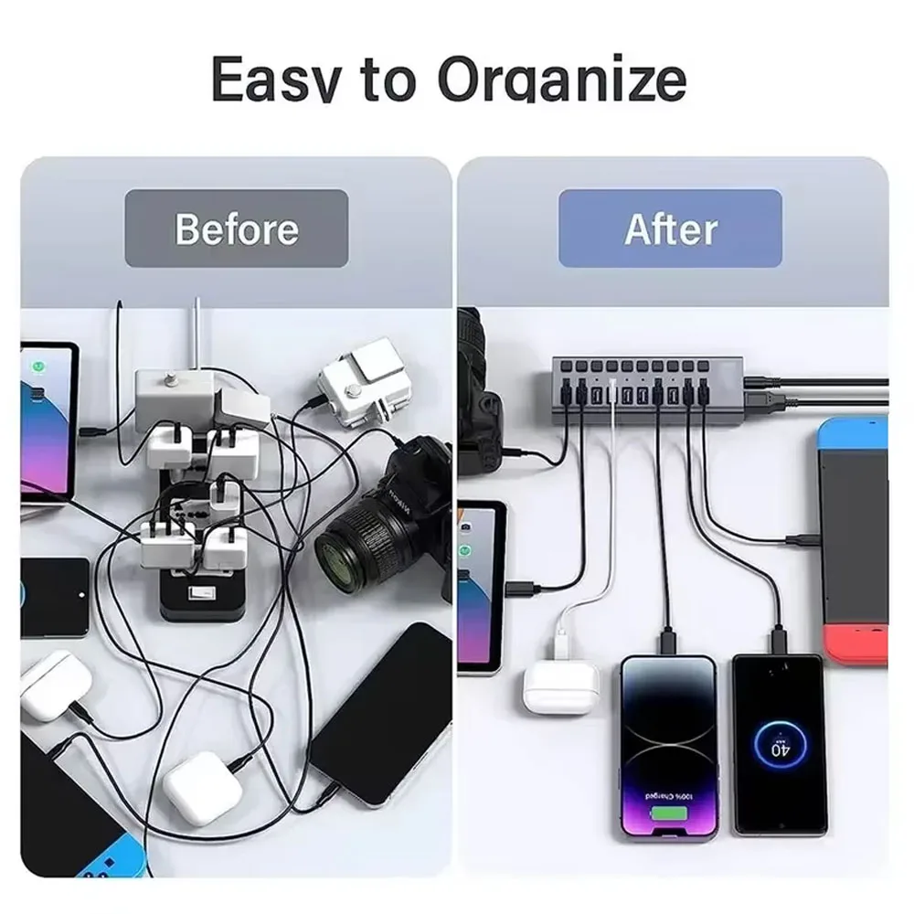 High-Speed 7-Port USB 3.0 Hub with Independent Switches and 12V Power Adapter