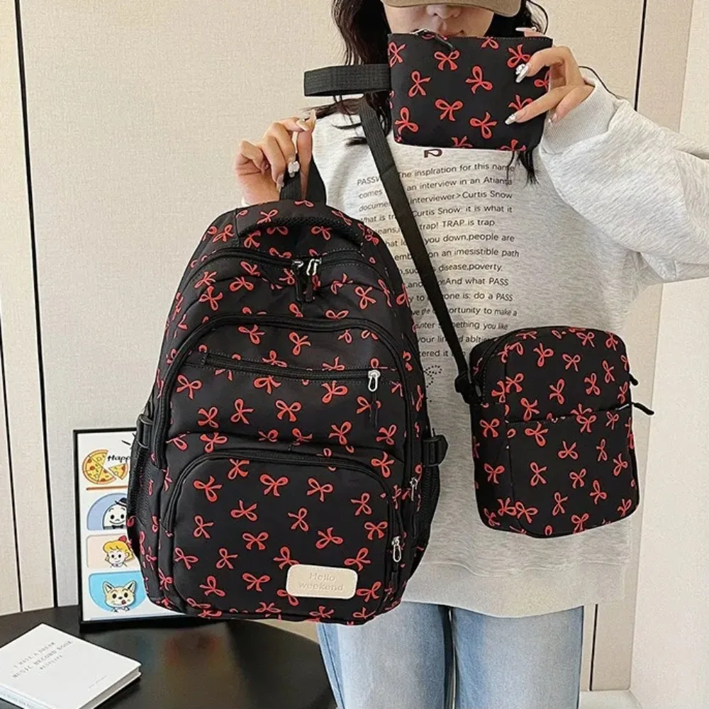 3 Pcs/Set Cute Large Capacity Bow Backpack Nylon Adjustable Strap Student Backpack Bow Print School Bag