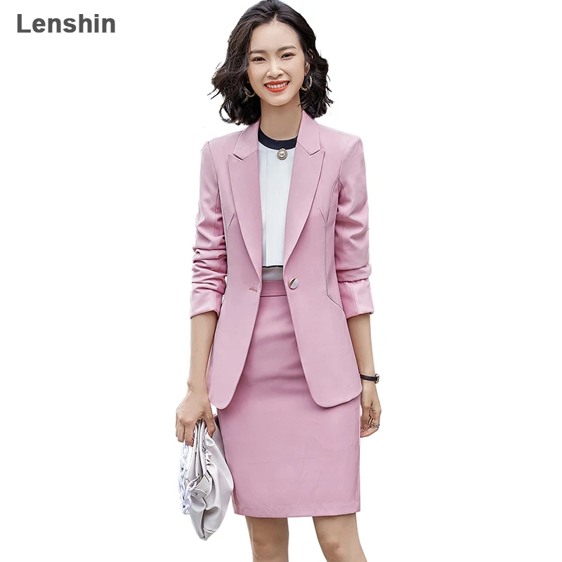 

Lenshin 2 Piece Elegant Formal Pink Skirt Suit Fashion Binding Blazer Office Lady Uniform Designs Women Business Sets