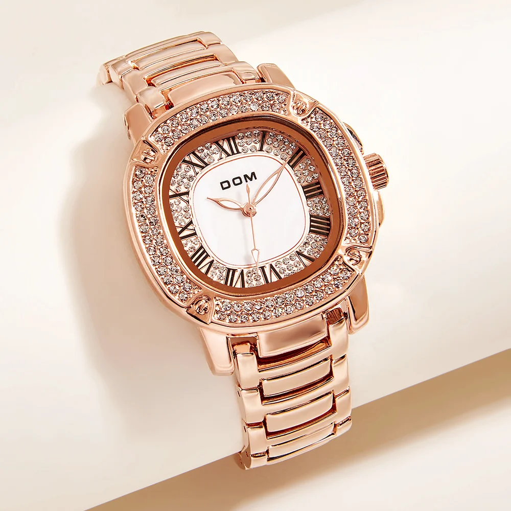 DOM watch light luxury watch retro fashion steel belt Full Diamond dial watch Quartz watch Waterproof Ladies Steel Strap G-1573