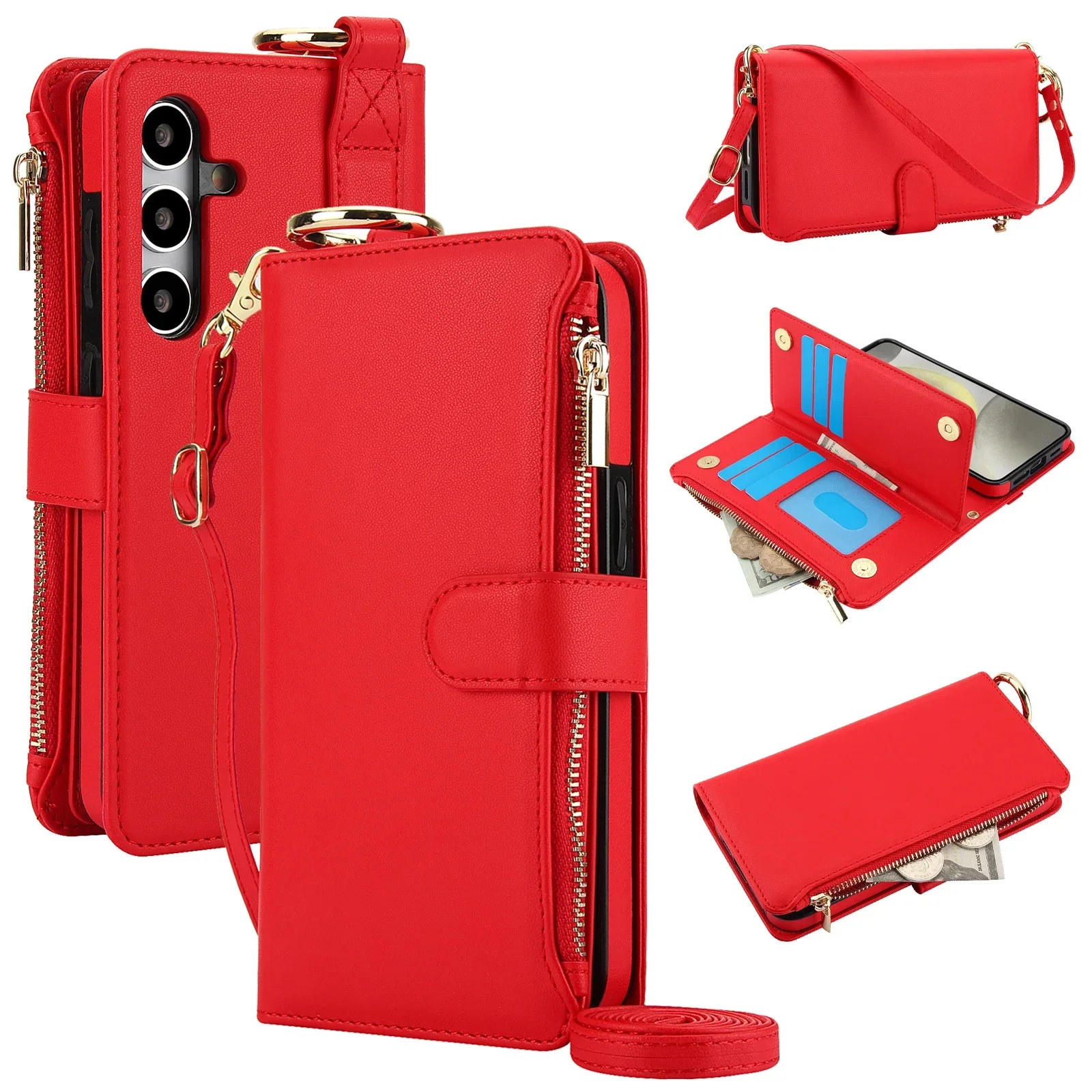 Leather Wallet Case with Ring Lanyard and Card Slots - Zipper Flip Purse Cover