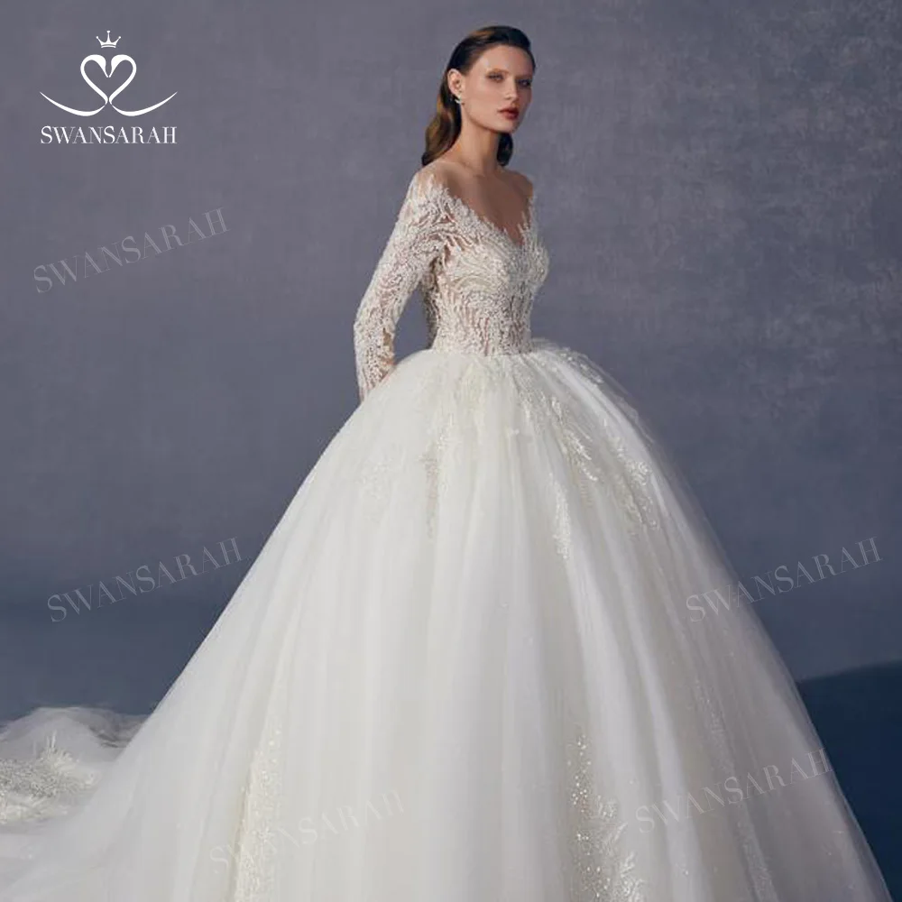 Long Sleeve Wedding Dress 2025 Luxury Shiny Appliques Beaded Ball Gown Princess Bride SwanSarah AV01 customized Vestido De Novia 5