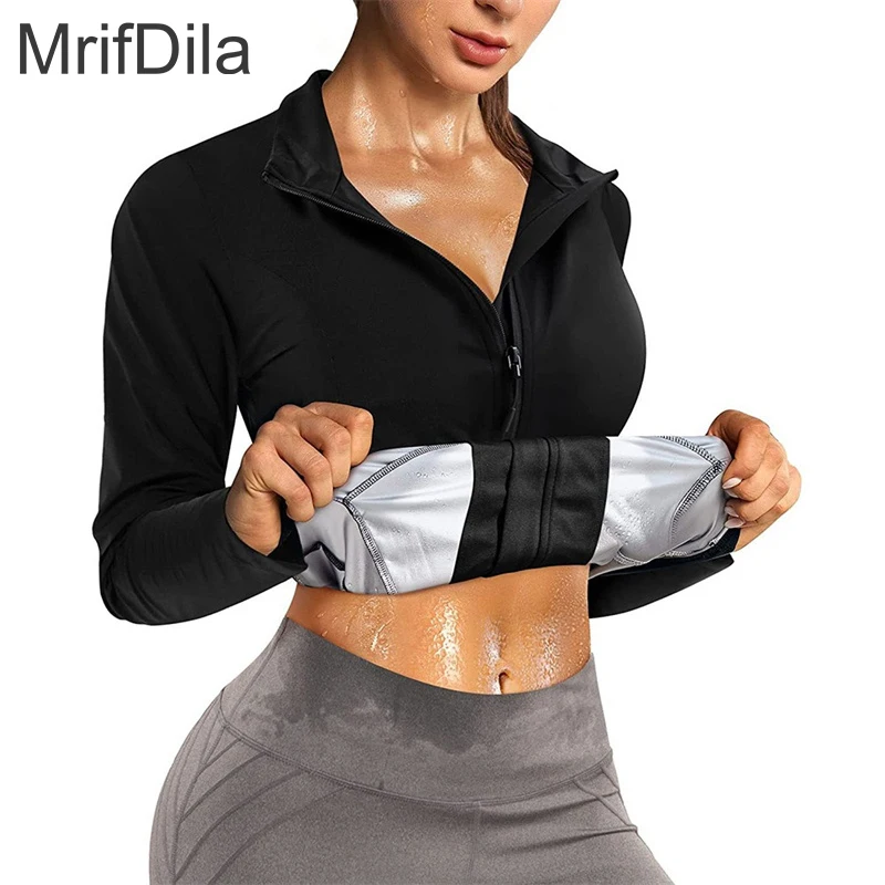 

MrifDila Stand-up Collar Full Zipper Sauna Jacket Hot Sweat Waist Trainer Weight Loss Long Sleeve Slimming Workout Training Tops