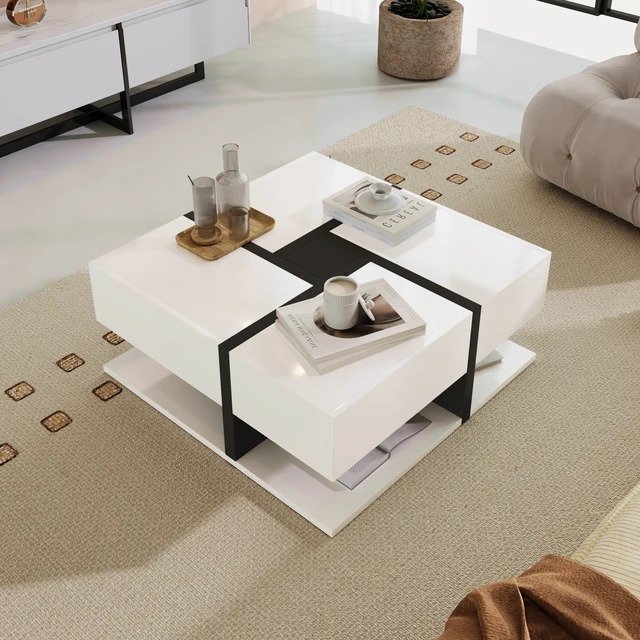 Anajqaqia Table basse brillante 78 × 78 × 36 cm, avec 4 tiroirs, coordination des couleurs unique et design linéaire, avec espace de rangement 1