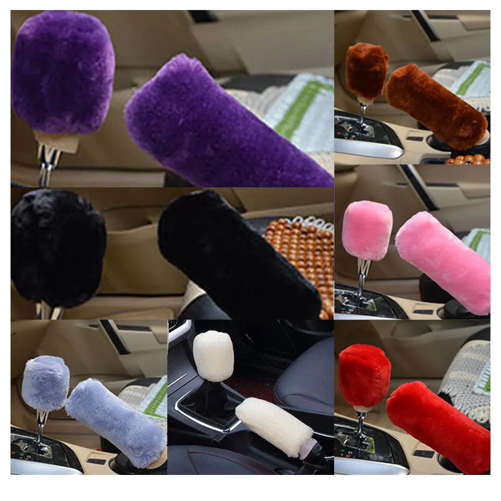

2pcs Car Gear Shift Knob Head Handbrake Hairy Plush Cover Trim Protector Autumn Winter Pink Red Cute Soft Warm Accessories