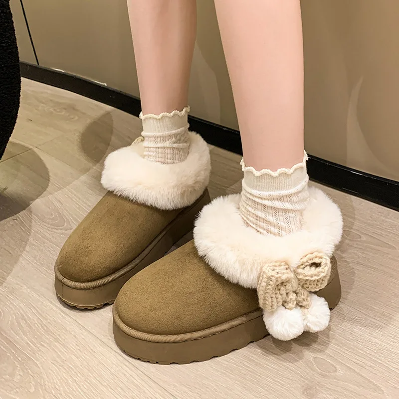 Sweet Fur Ball Bowknot Fluffy Snow Boots Women Winter Thicken Warm Plush Cotton Shoes Woman Faux Fur Platform Ankle Botas Mujer