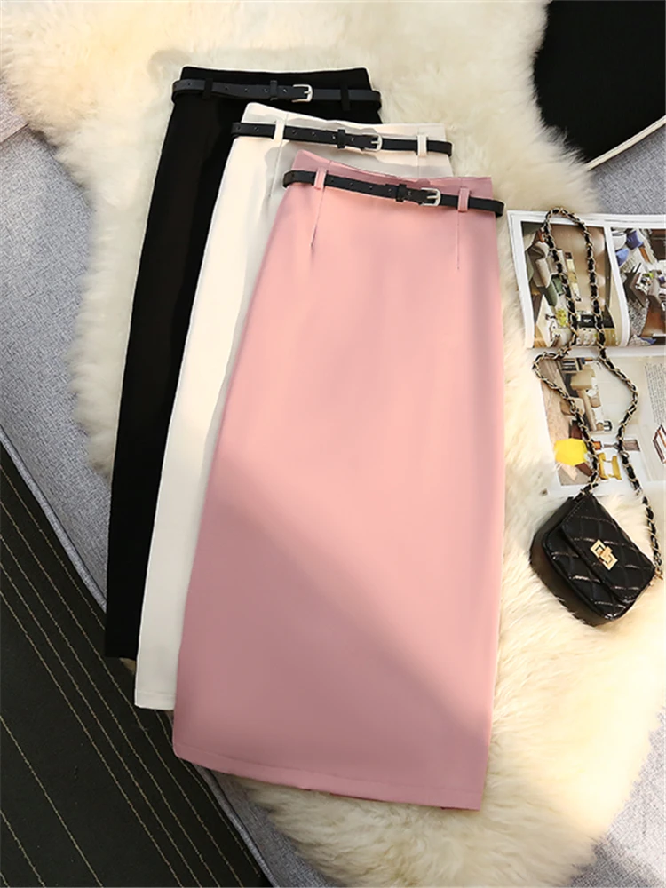 

2023 New High Waist Elegant Women Midi Skirts with Belted Female Minimalism Back Split Office Chic Wrap Skirts Spring Summer