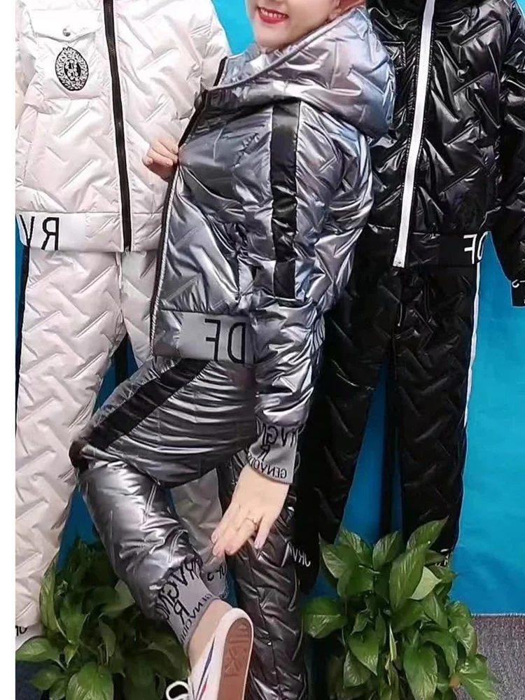 Casual Warm Down Cotton Hooded 2 Piece Sets Korean Thick Short Parka Coat Conjuntos Snow Wear High Waist Windbreak Pant Ensemble