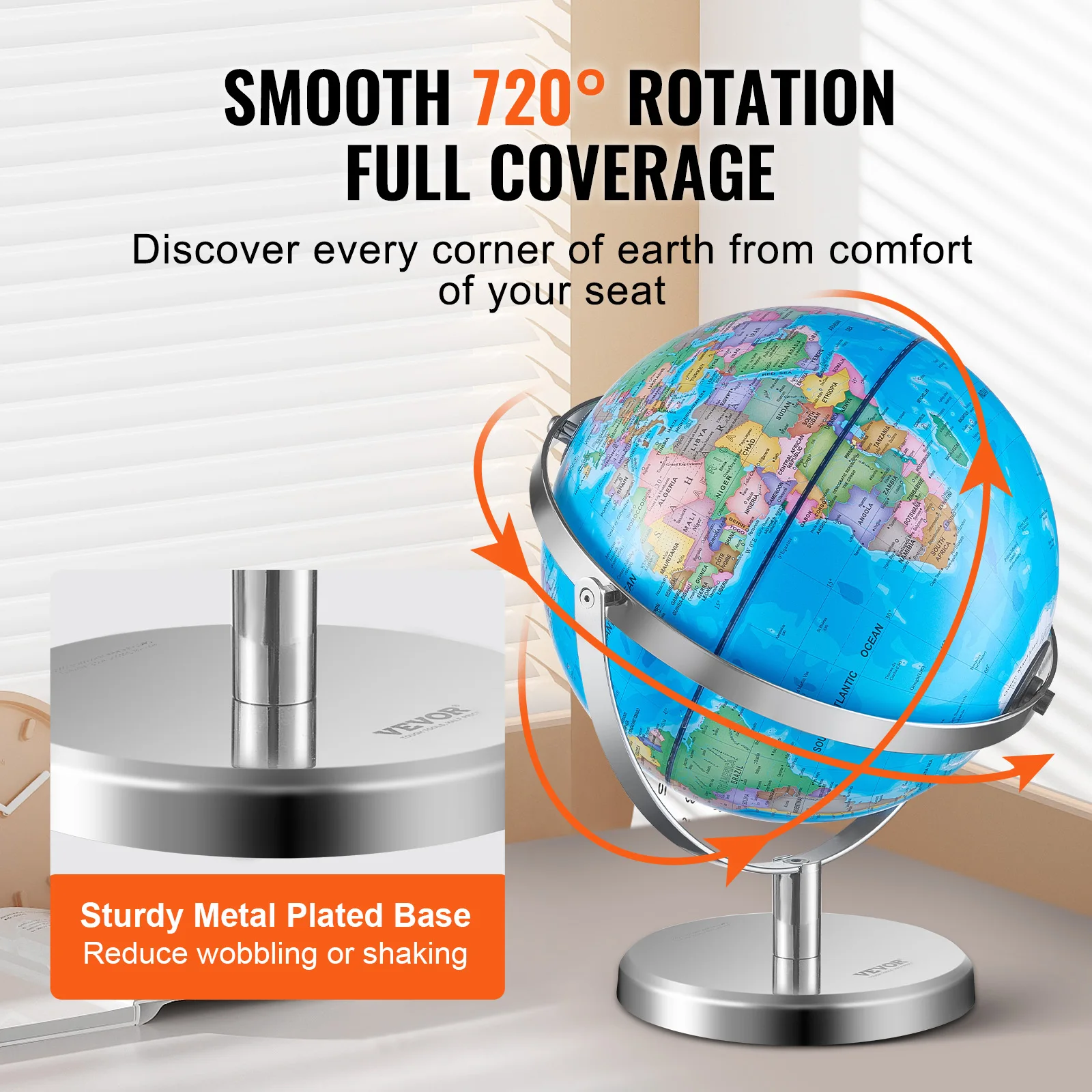 Illuminated World Globe with Stand 9in/228.6mm Stable Heavy Metal Base and LED Constellation Night Light HD Printed Map SucceBuy