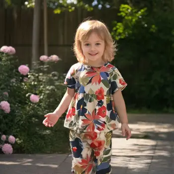 Sanlutoz Set di abbigliamento per neonate Fiori Set per bambini estivi Set di vestiti per neonate in cotone Moda principessa 2 pezzi 1