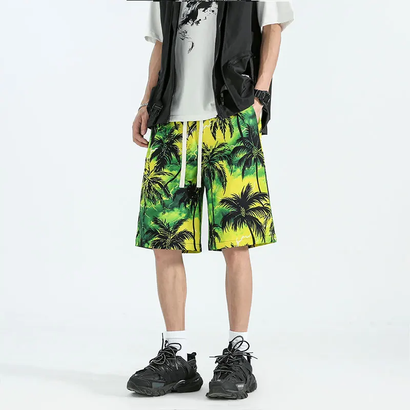 Minimalist Trendy Summer New Printed Pockets Men's Elastic Waist Drawstring Fashion Versatile Loose Straight knee length Shorts