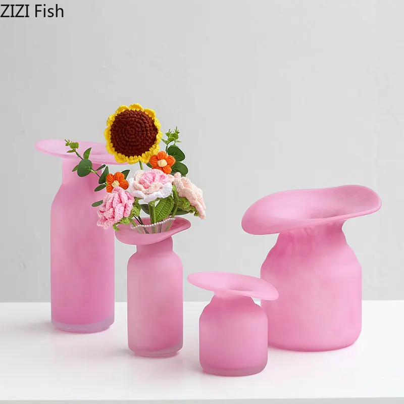 Matte Pink Glass Vase Decorative Flowers Arrangement Desk Decoration Irregular Bottle Mouth Flower Pots Floral Vase Modern Decor 2