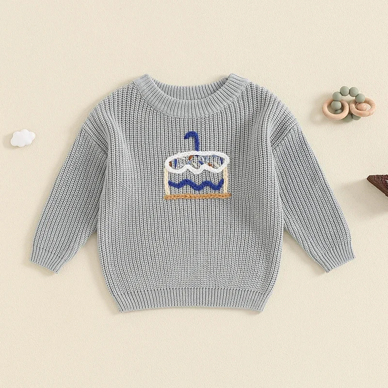 Infant Baby Girl Boys 1st Birthday Outfit Sweater Cake Embroidery Knit Pullover Sweatshirt Fall Winter Clothes