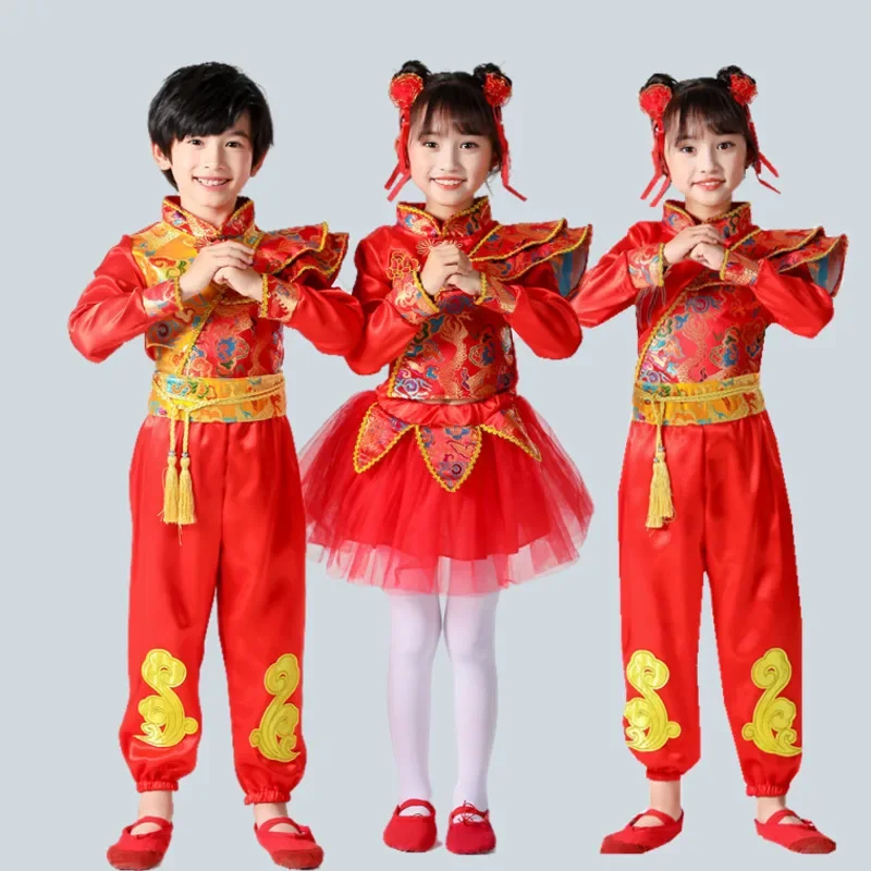 

Boy Girl Chinese New Year Clothes Traditional Kids Folk Dance Red Costumes Stage Party Festival Oriental Hanfu Clothing