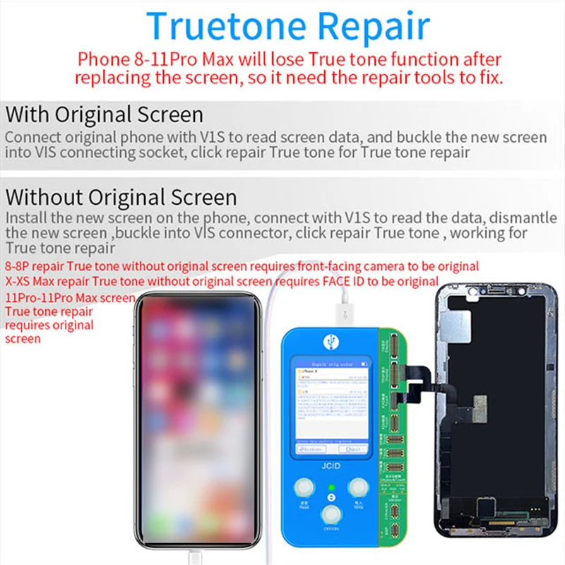 Programmeur de réparation de téléphone JC V1SE Ture Tone, lecteur d'empreintes digitales, batterie de Rh, compatible avec iPhone 7, 7P, 8, 8P, X, XS, XS MAX, 11 Pro MAX, 12, 13, 14