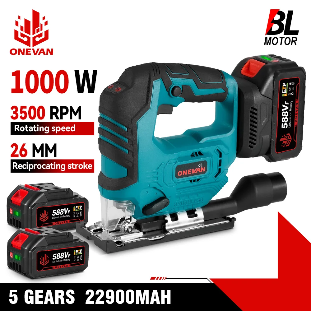 Brushless Electric Jig Saw ONEVAN 26mm 3500RPM 1000W Multi-Function 3 Variable Speed Woodworking Tool For Makita 18V Battery pin