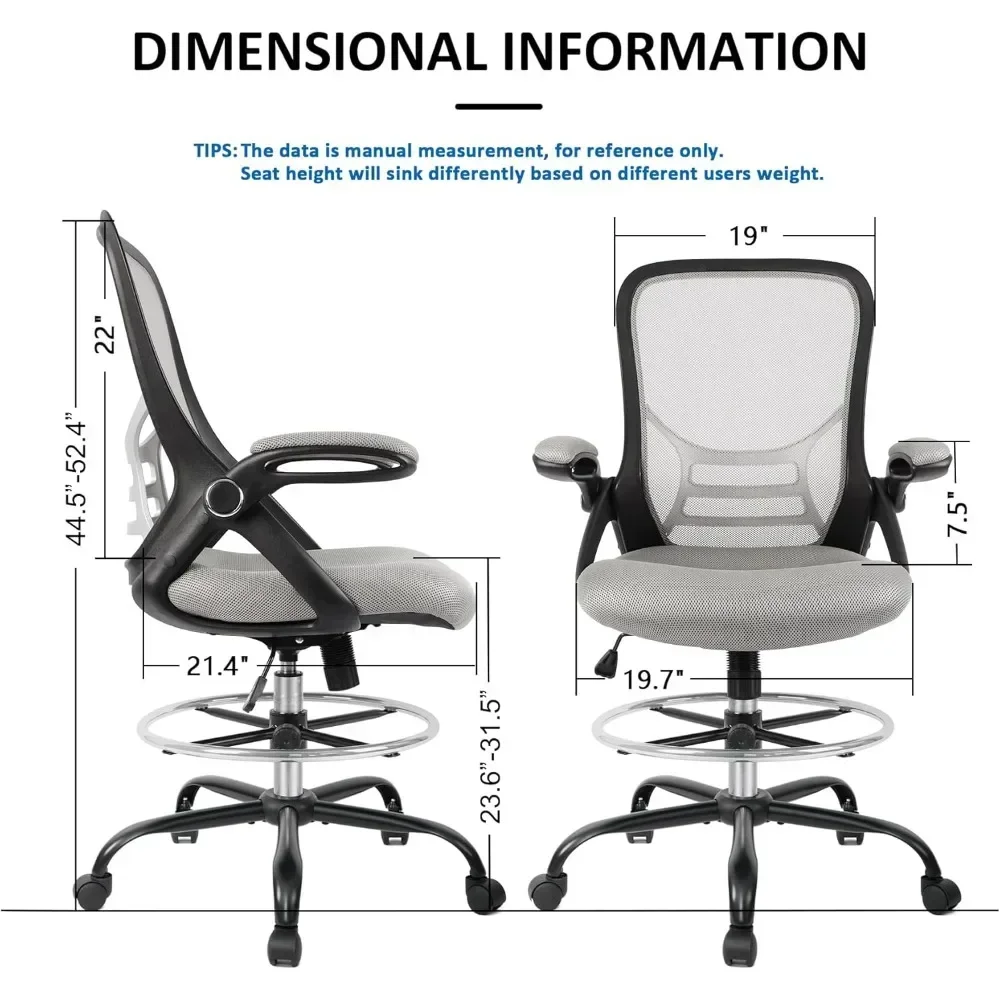 "ergonomic high-back mesh drafting chair with flip-up armrests and adjustable footrest for standing desks"